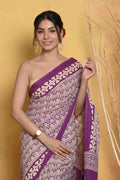 Very Much Indian Handblock Printed Cotton Saree With Natural Dyes - White