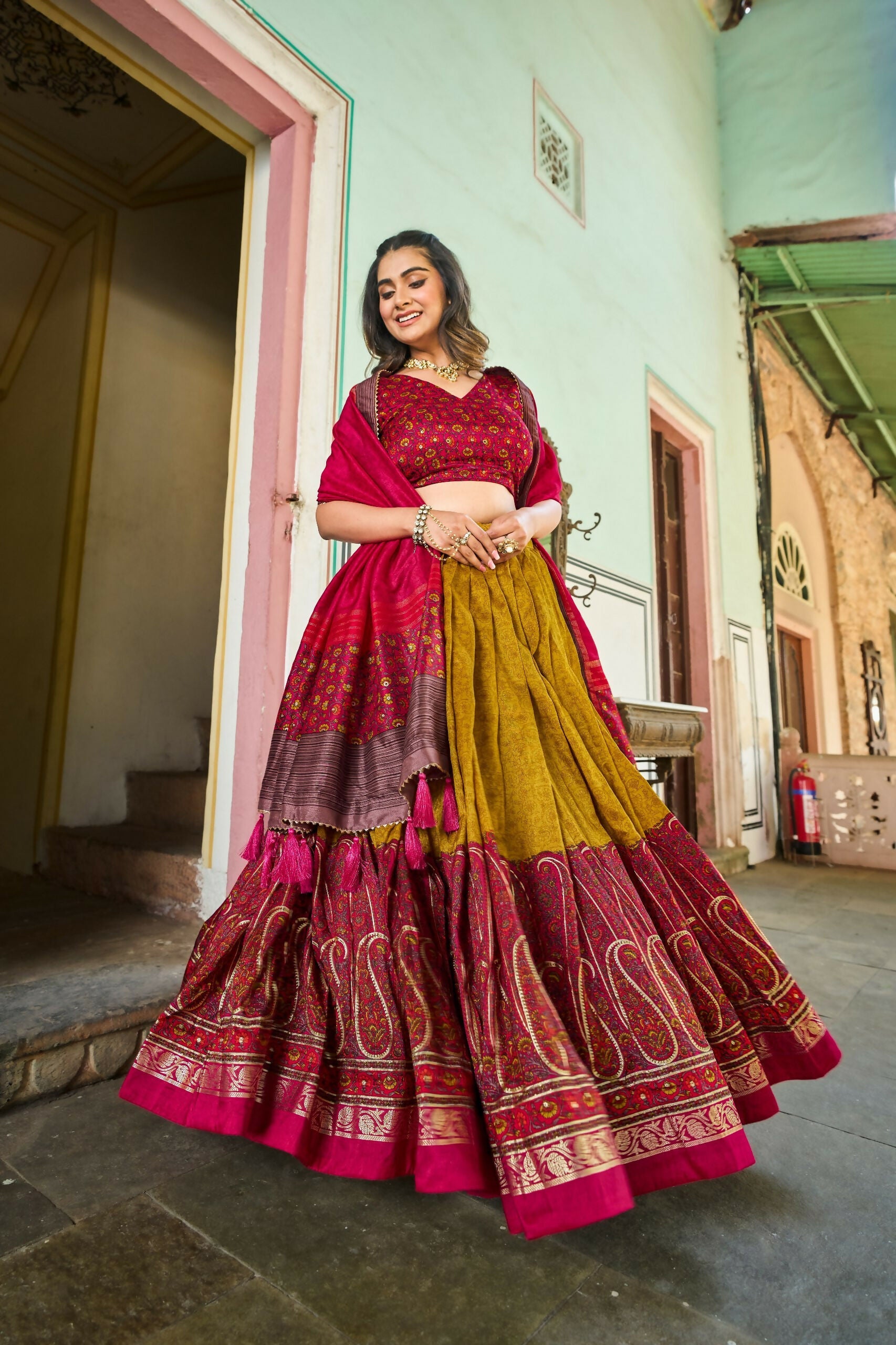 Vastranavya Floral Print With Foil Print Tussar Silk Lehenga With Unstitched Blouse - Mustard