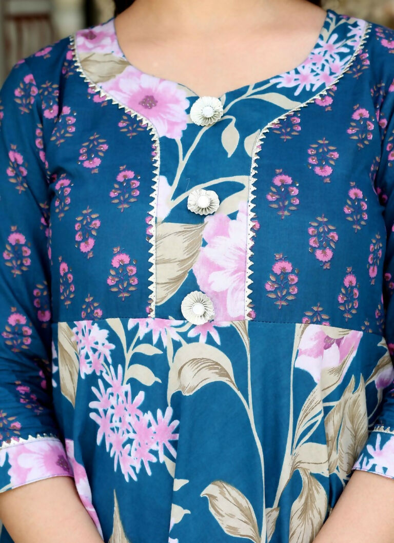 Miravan Women's Jaipuri Flower Printed Blue Anarkali Kurta With Beautiful Border Details