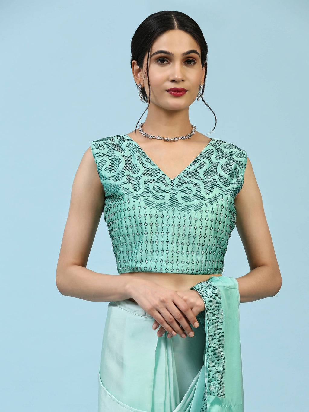 Sea Green Ombre Satin Georgette Plain Ready to wear Saree with stitched Blouse - Vrinda
