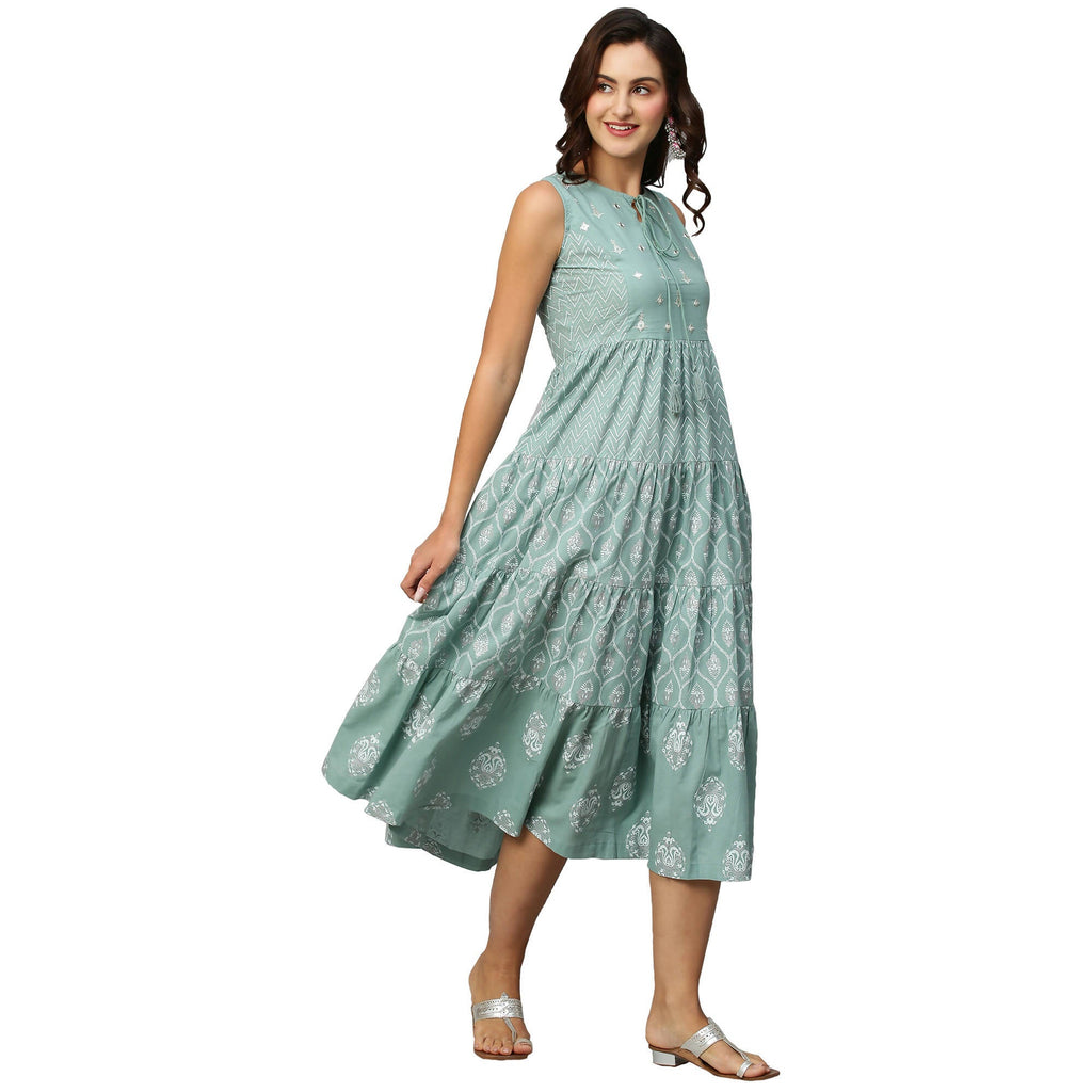 Sea Green & White Ethnic Motifs Embroidered Pure Cotton Maxi A-Line Dress - Poonam