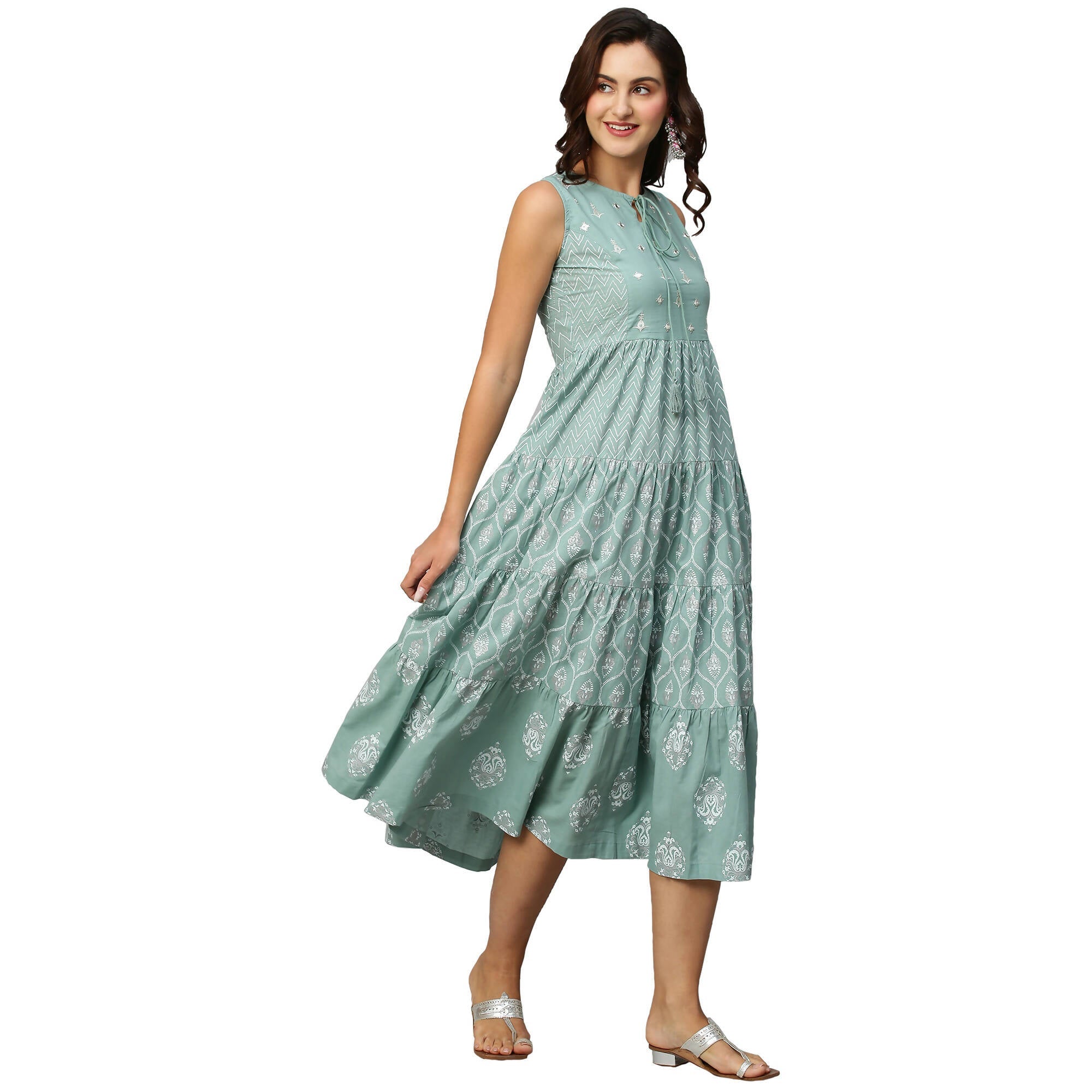 Sea Green & White Ethnic Motifs Embroidered Pure Cotton Maxi A-Line Dress - Poonam