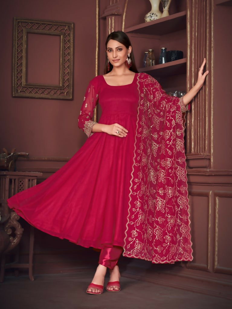 Jyoti Fashion Women's Rani Pink Georgette Embroidered Anarkali Kurta Pant Set With Dupatta