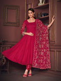 Jyoti Fashion Women's Rani Pink Georgette Embroidered Anarkali Kurta Pant Set With Dupatta