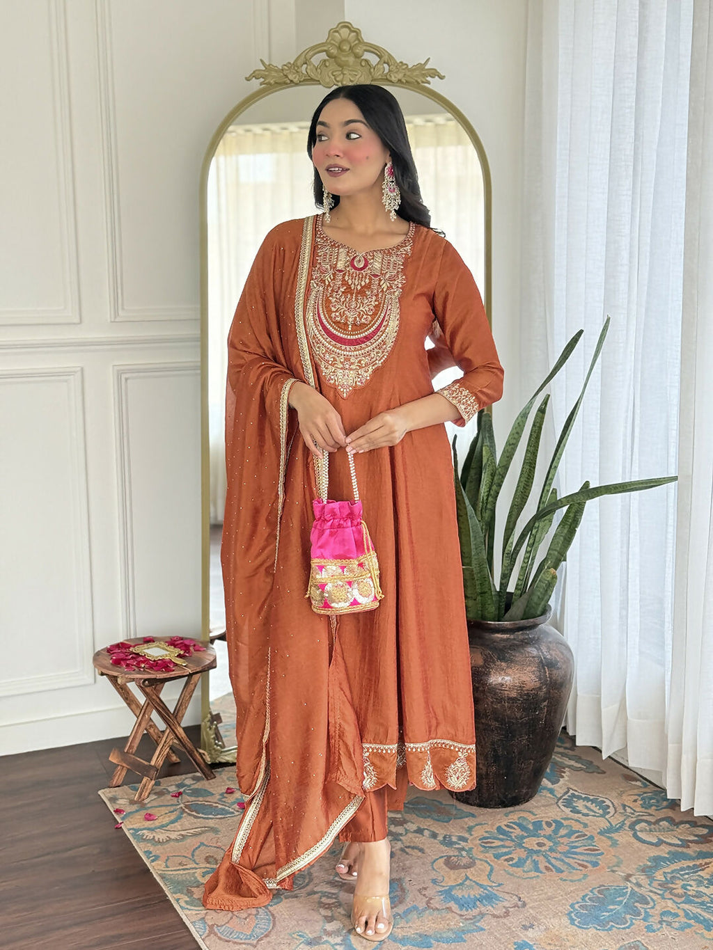 The52 Rust Women's Gorgeous Embroidered Vichitra Silk Fabric Flared Kurta, Pant and Dupatta Set