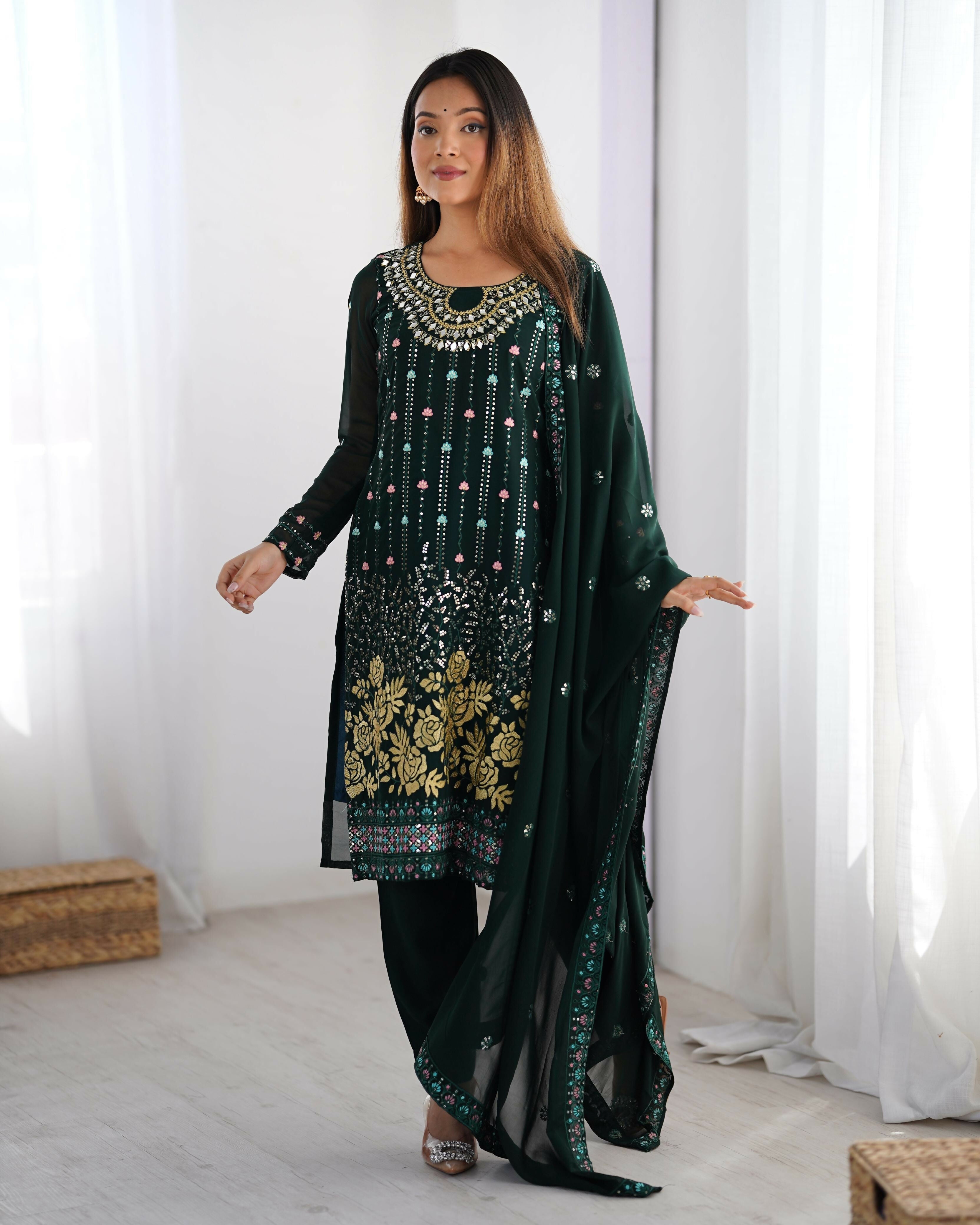 Joban Fashion Dark Green Kurta set with Pant Georgette Thread with Sequins work