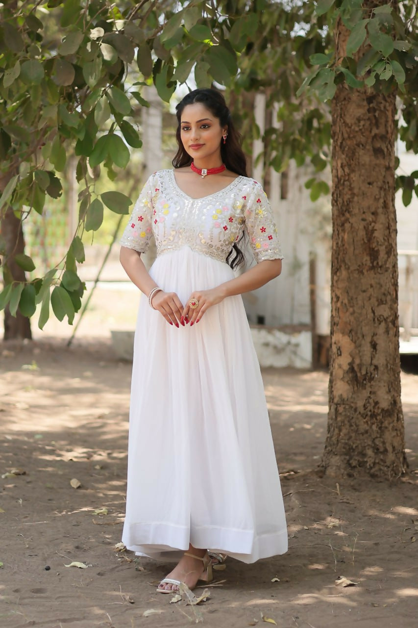 Vastranavya Faux Blooming with Embroidery Zari Sequins-work Gown - White