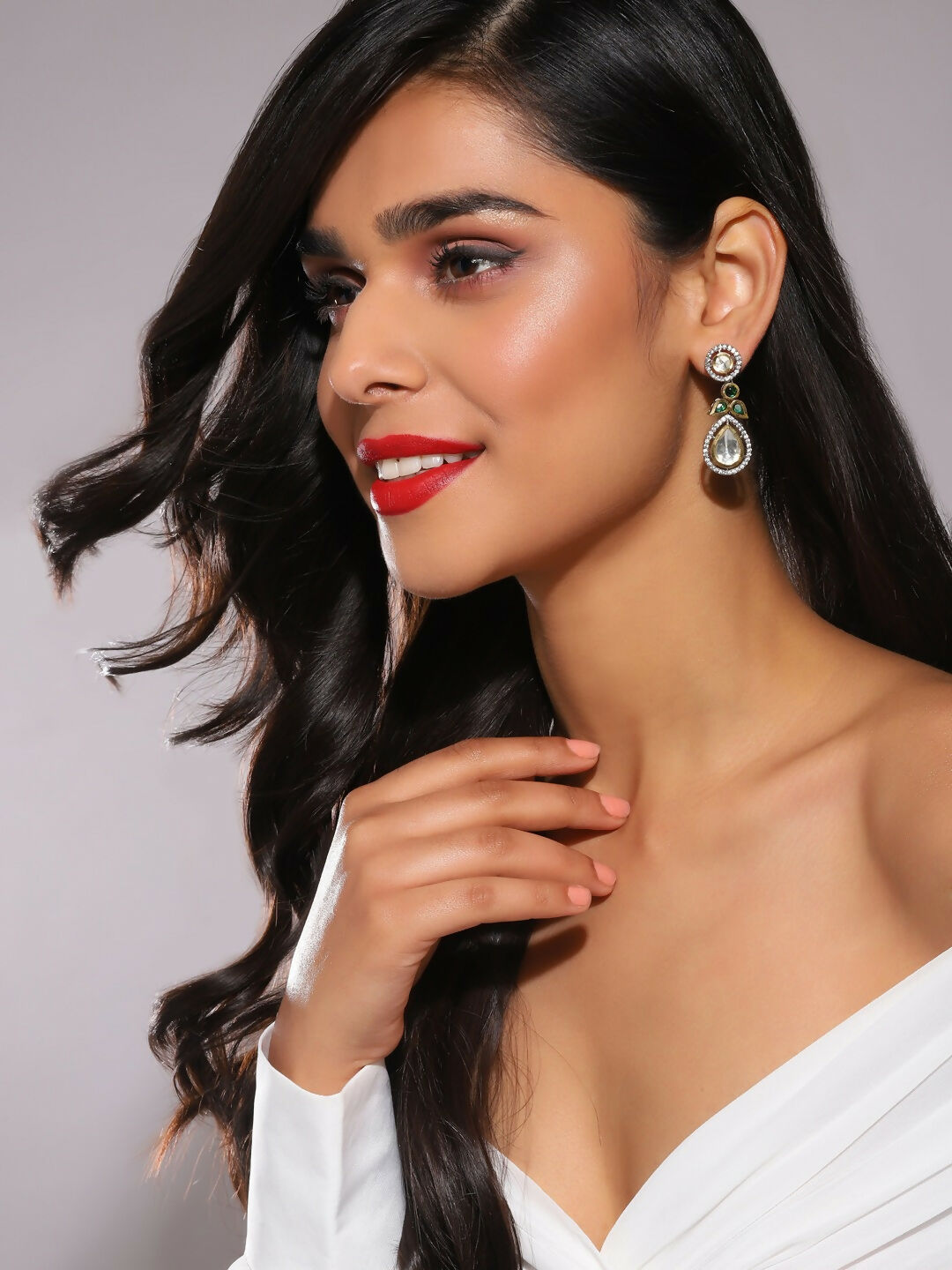 Dangler Kundan Earrings with Green Stone- Ruby Raang