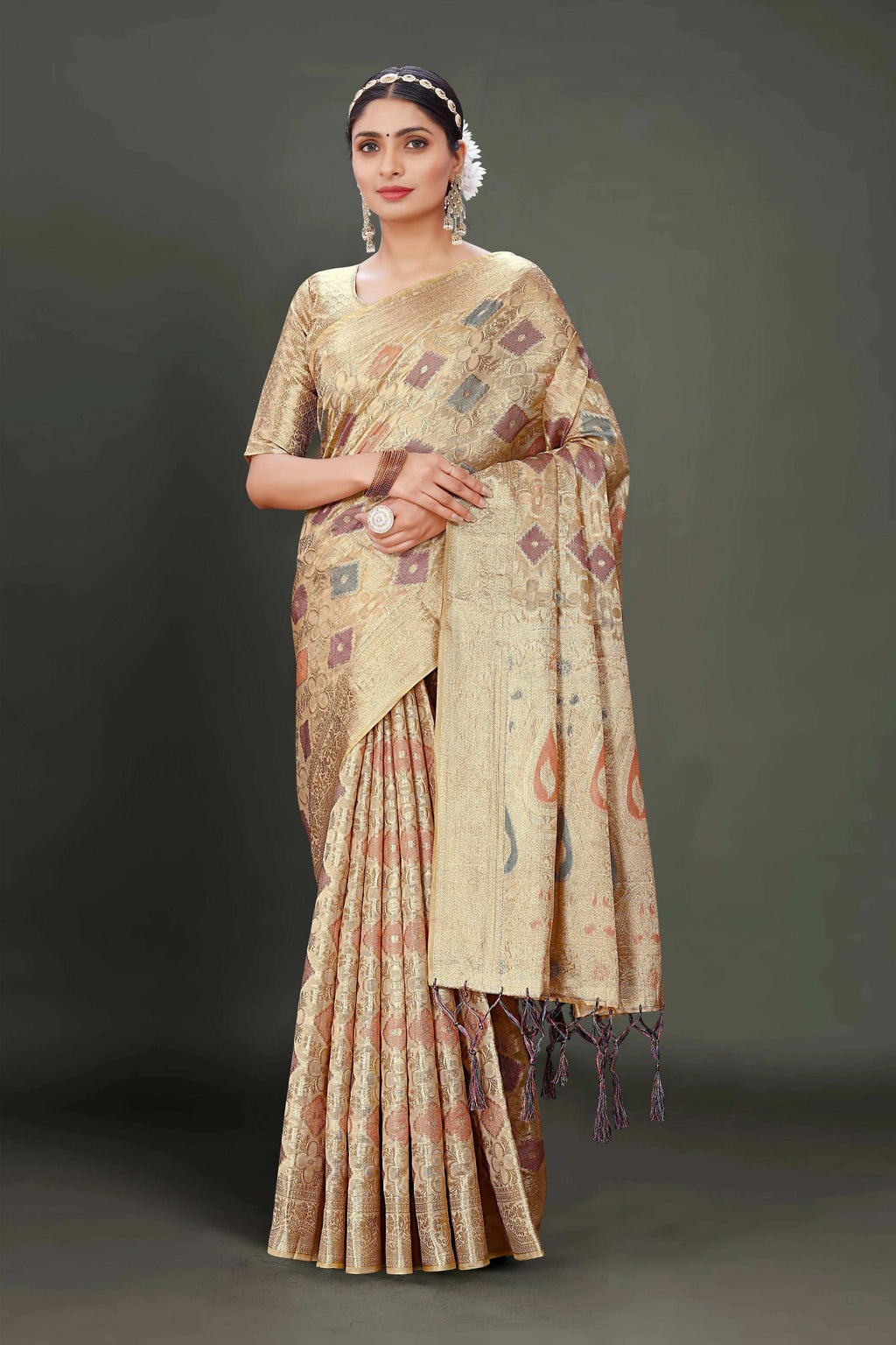 Beige Soft Organza Woven Design Saree With Unstitched Blouse Piece - Zaara