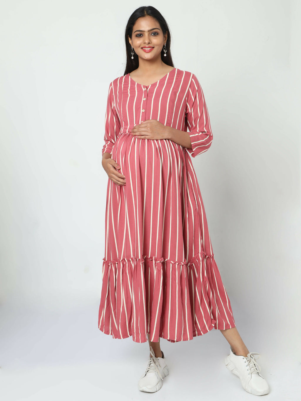 Manet Three Fourth Maternity Dress Striped With Concealed Zipper Nursing Access - Pink