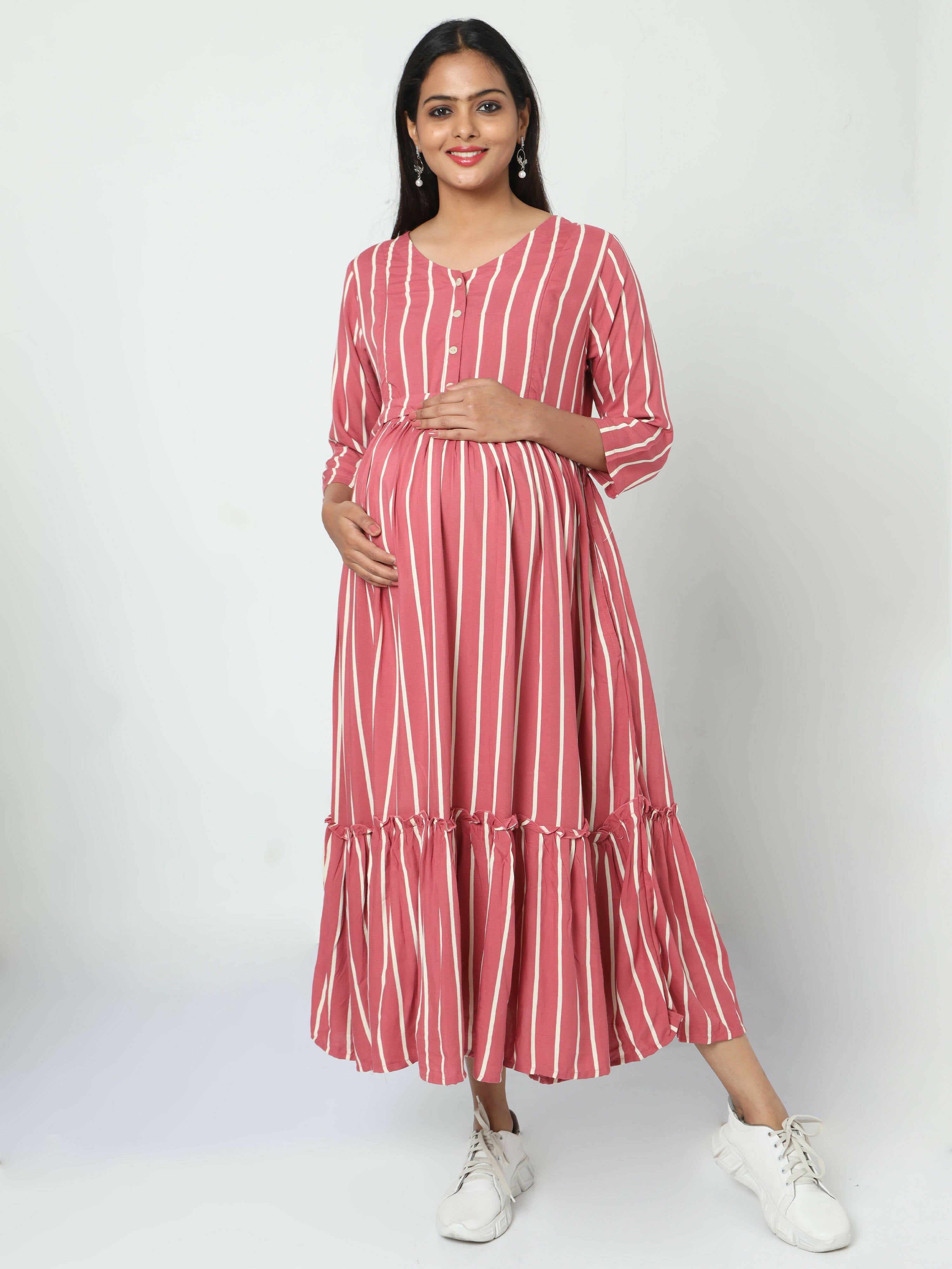 Manet Three Fourth Maternity Dress Striped With Concealed Zipper Nursing Access - Pink