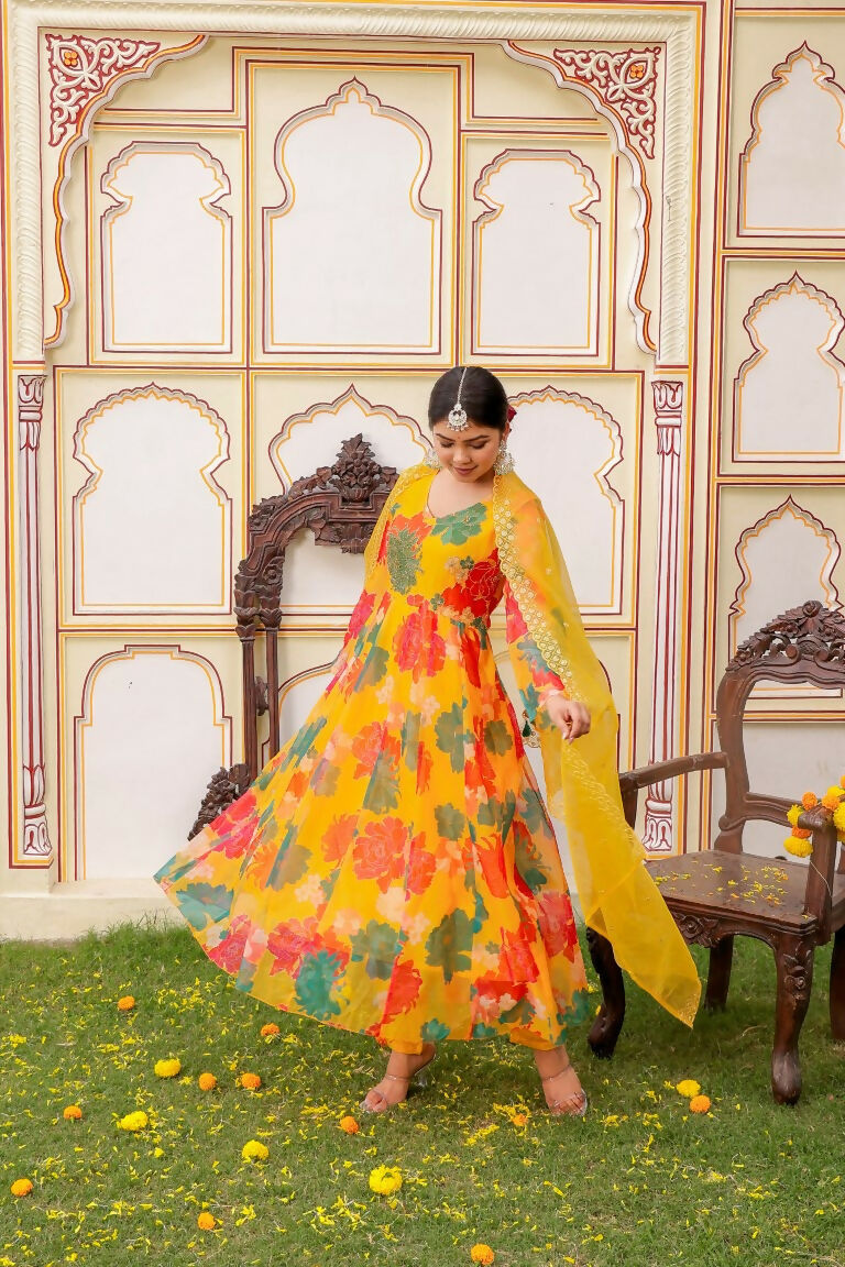 Vaasva Women Mustard Organza Multi Floral Print & Embroidered Anarkali Kurta, Pant & Dupatta set
