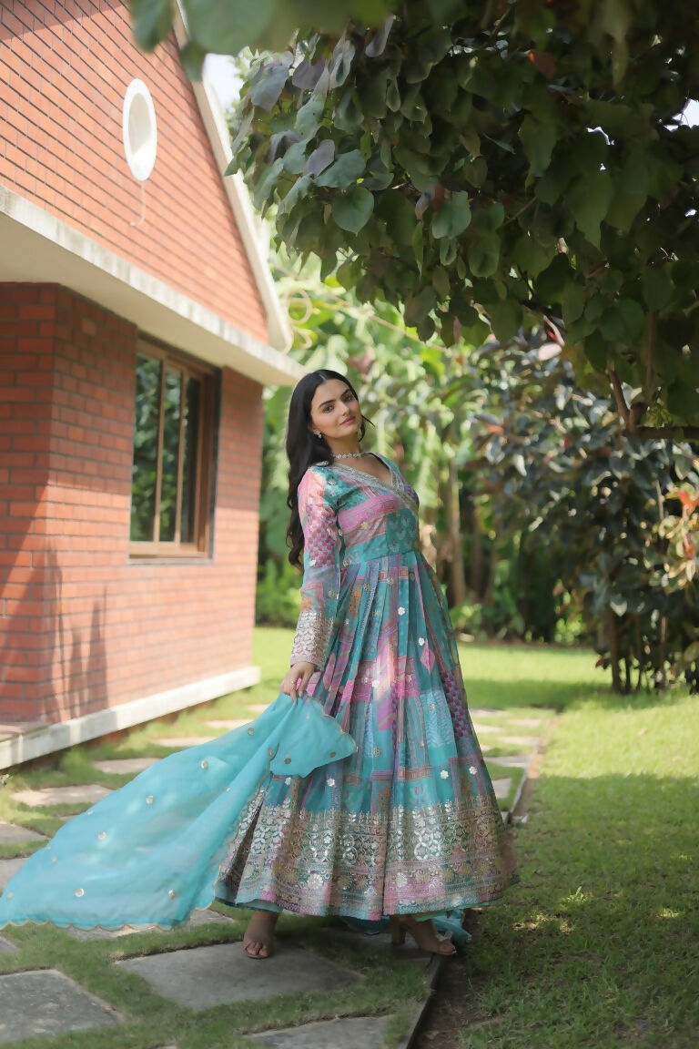Jyoti Fashion Women's Sky Blue Russian Silk Digital Print with Embroidered Anarkali Dress with Dupatta