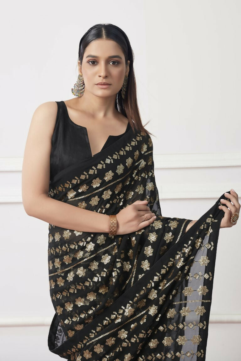 Black Georgette Sequance Embroidery Work Saree with Unstitched Blouse - Vandini