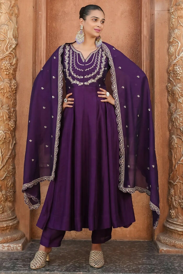 The52 Wine Women's Gorgeous Vichitra Silk Fabric Embroidered Work Flared Anarkali Pant and Dupatta Set