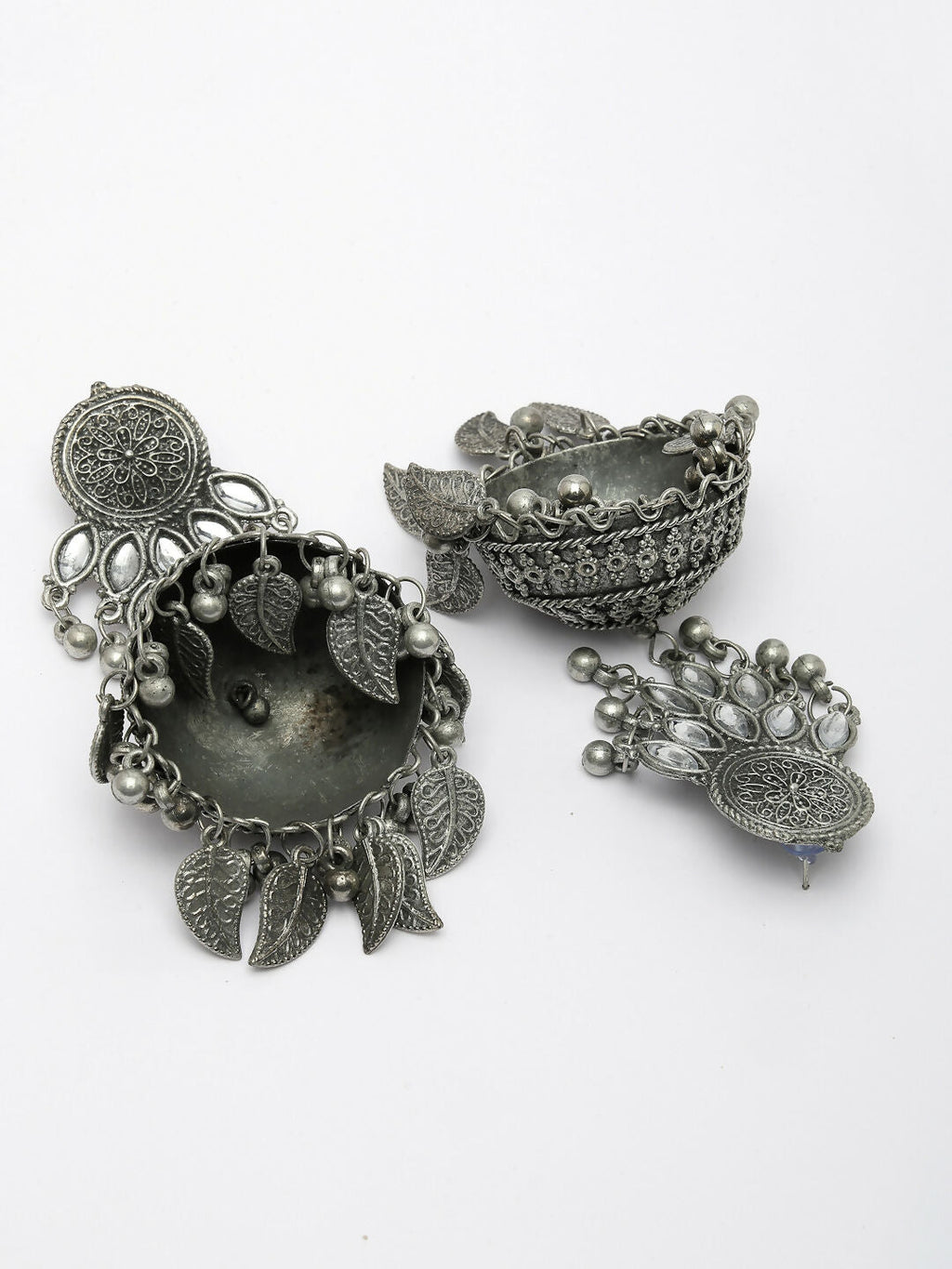 NVR Women's Silver-Plated Oxidised Artificial Stones Dome Shaped Jhumka Earrings