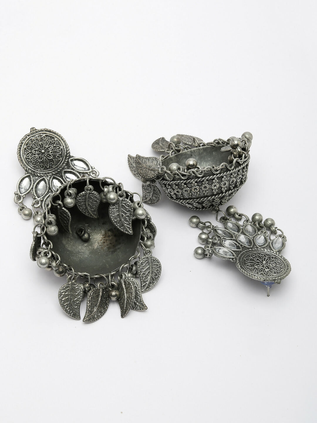 NVR Women's Silver-Plated Oxidised Artificial Stones Dome Shaped Jhumka Earrings