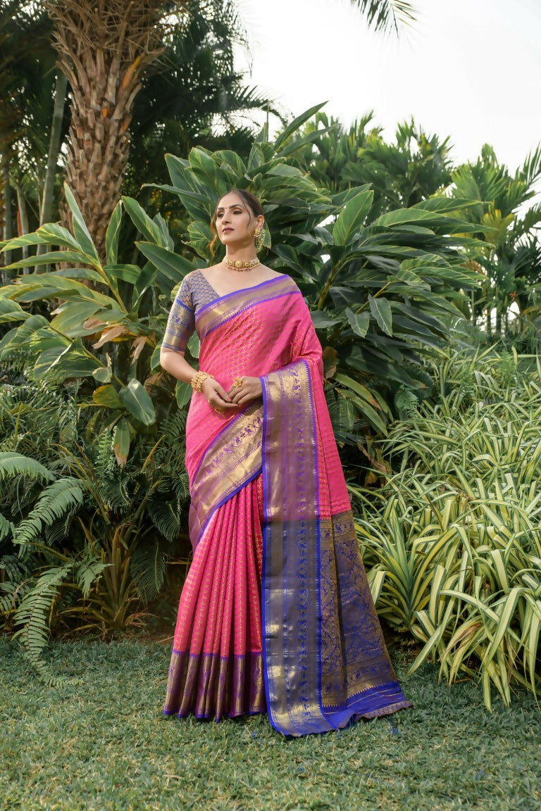 Jyoti Fashion Women's Pink Kanjivaram Silk Zari Woven Saree with Blouse