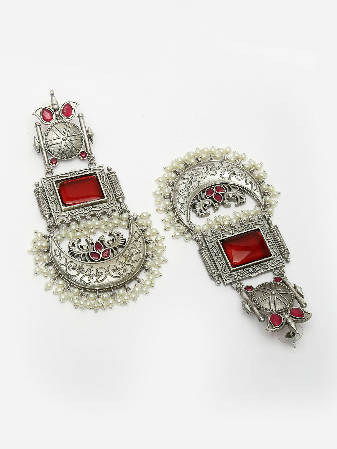 NVR Women's Silver-Plated Artificial Stones and Beads Chandbali Earrings