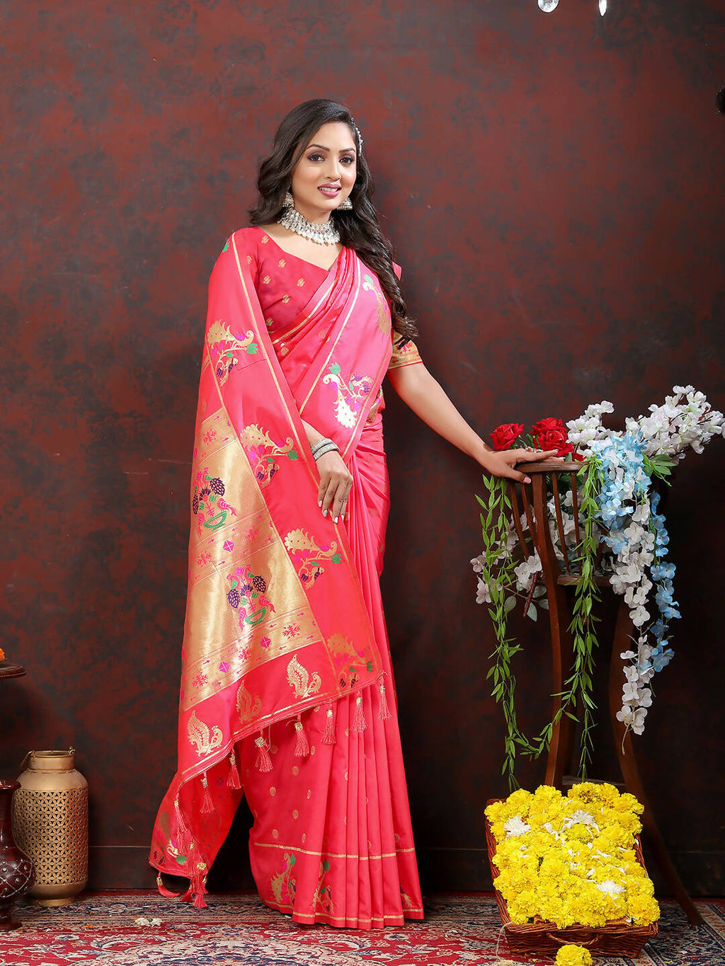 Lorenvalley Fashion Peach Soft Paithani Silk Woven Design Gold Zari Meenakari Weaving Saree