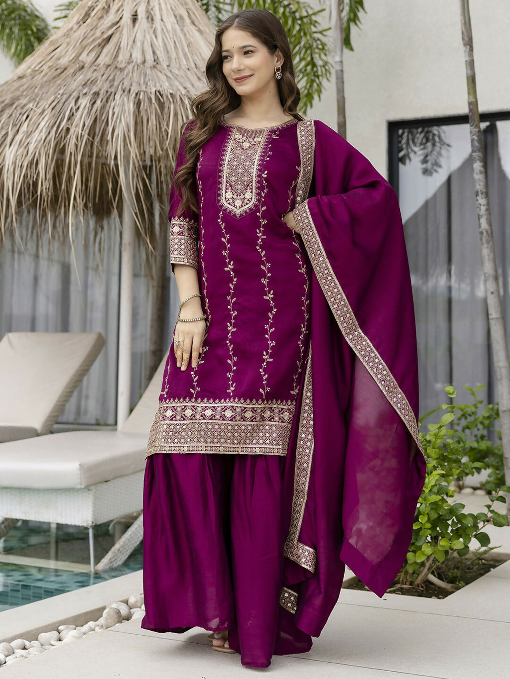The52 Wine Beautiful Embroidered Vichitra Silk Fabric Straight Kurta, Palazzo and Dupatta Set