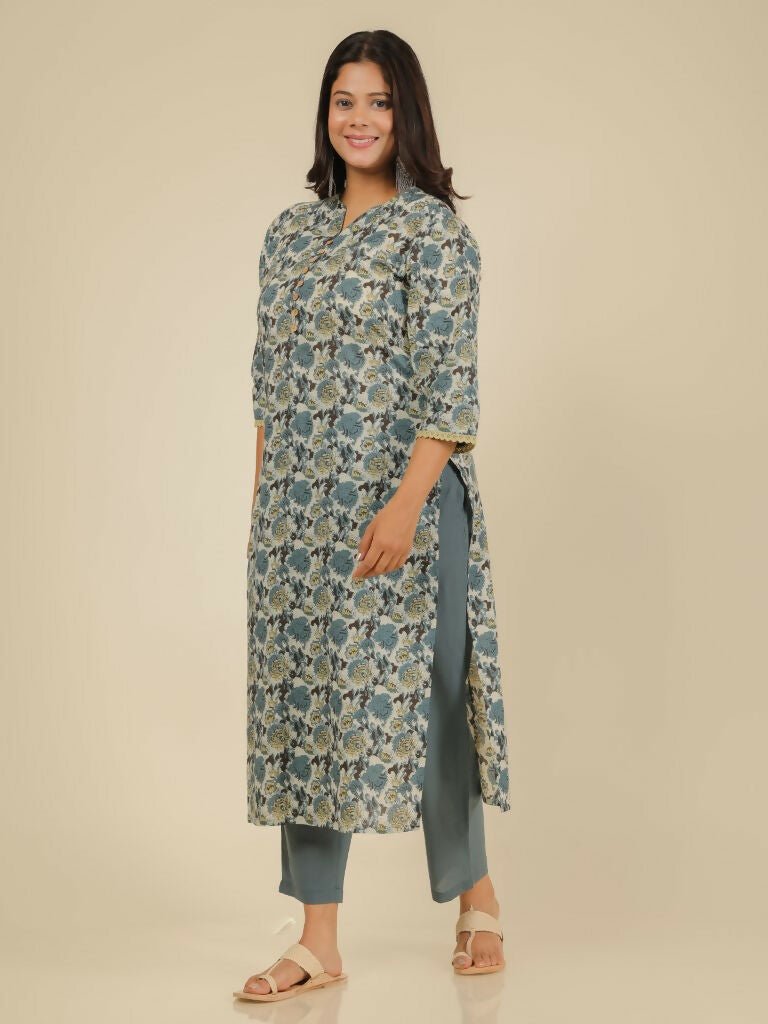 Aramya Straight Soft Cotton Floral Print Women's Kurta Set - Grey