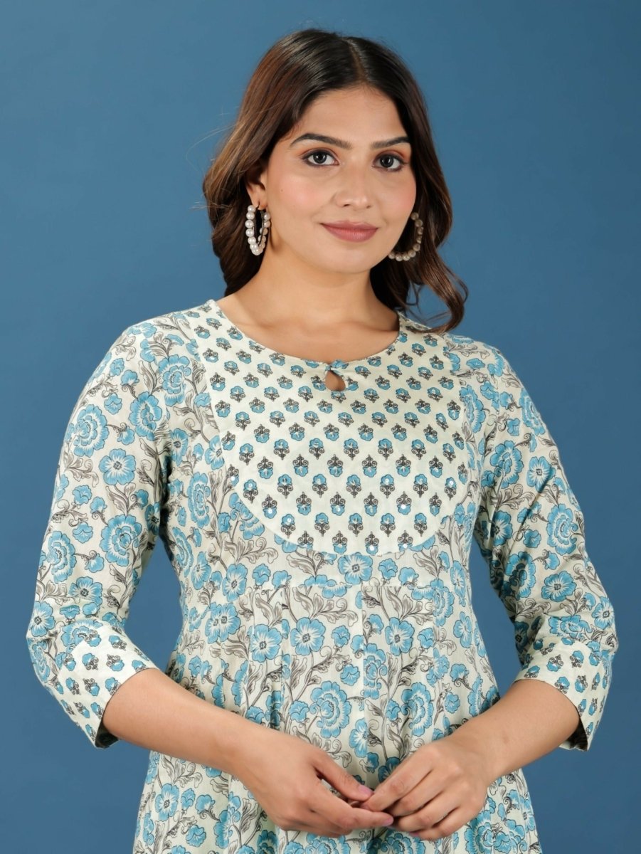 Aramya Anarkali Soft Cotton Floral Print Women's Kurta Set - Off White