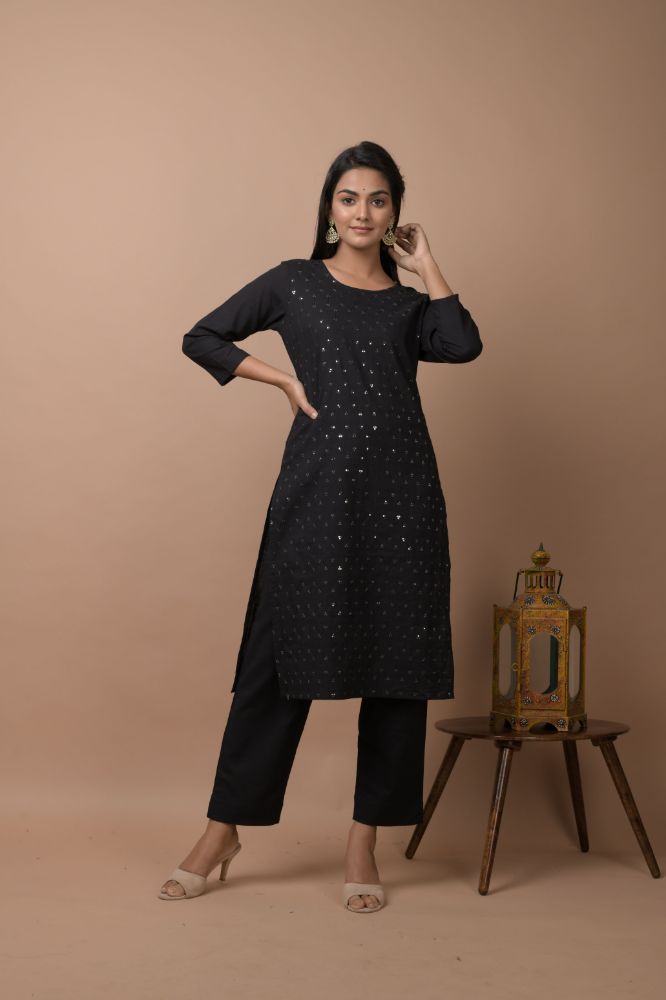 Kaajh Women's Black Solid Sequins Embellished Kurta Pant Set