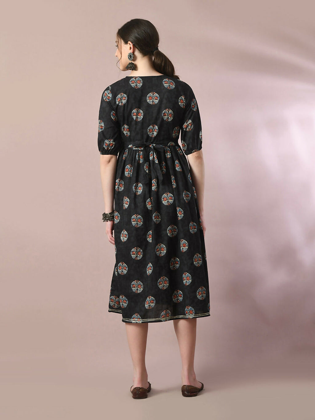 Myshka Women's Black Printed Cotton V-Neck Empire Party Dress