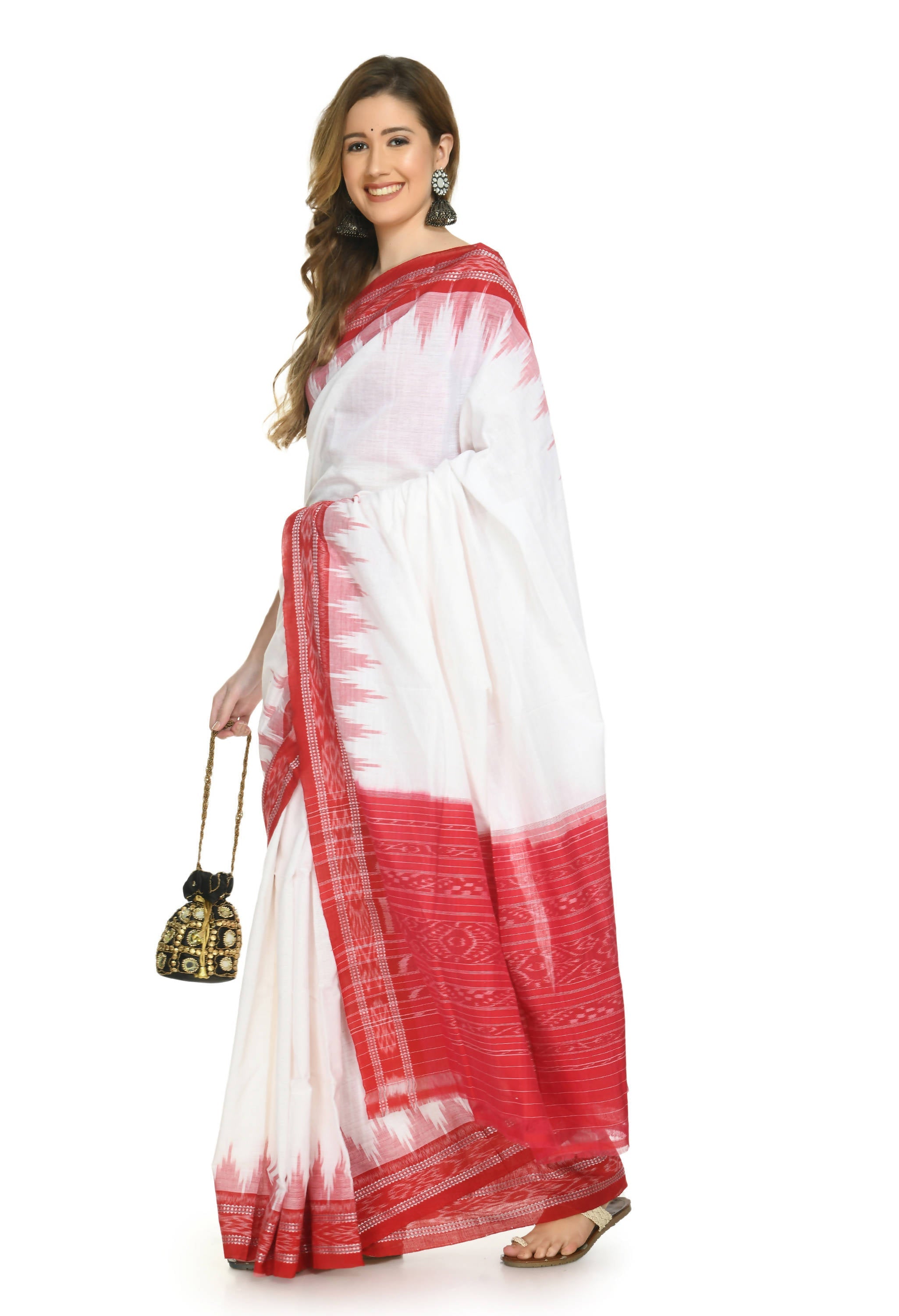 Vamika Sambalpuri Ikat Cotton Plane Kumbha White & Red Saree