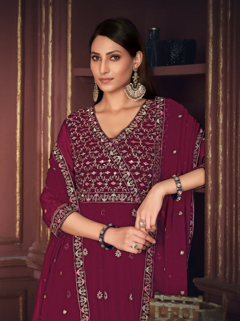 Jyoti Fashion Women's Rani Pink Georgette Embroidered Anarkali Kurta Pant Set With Dupatta