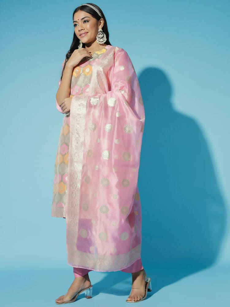 Myshka Women Pink Printed Kurta & Trousers With Dupatta
