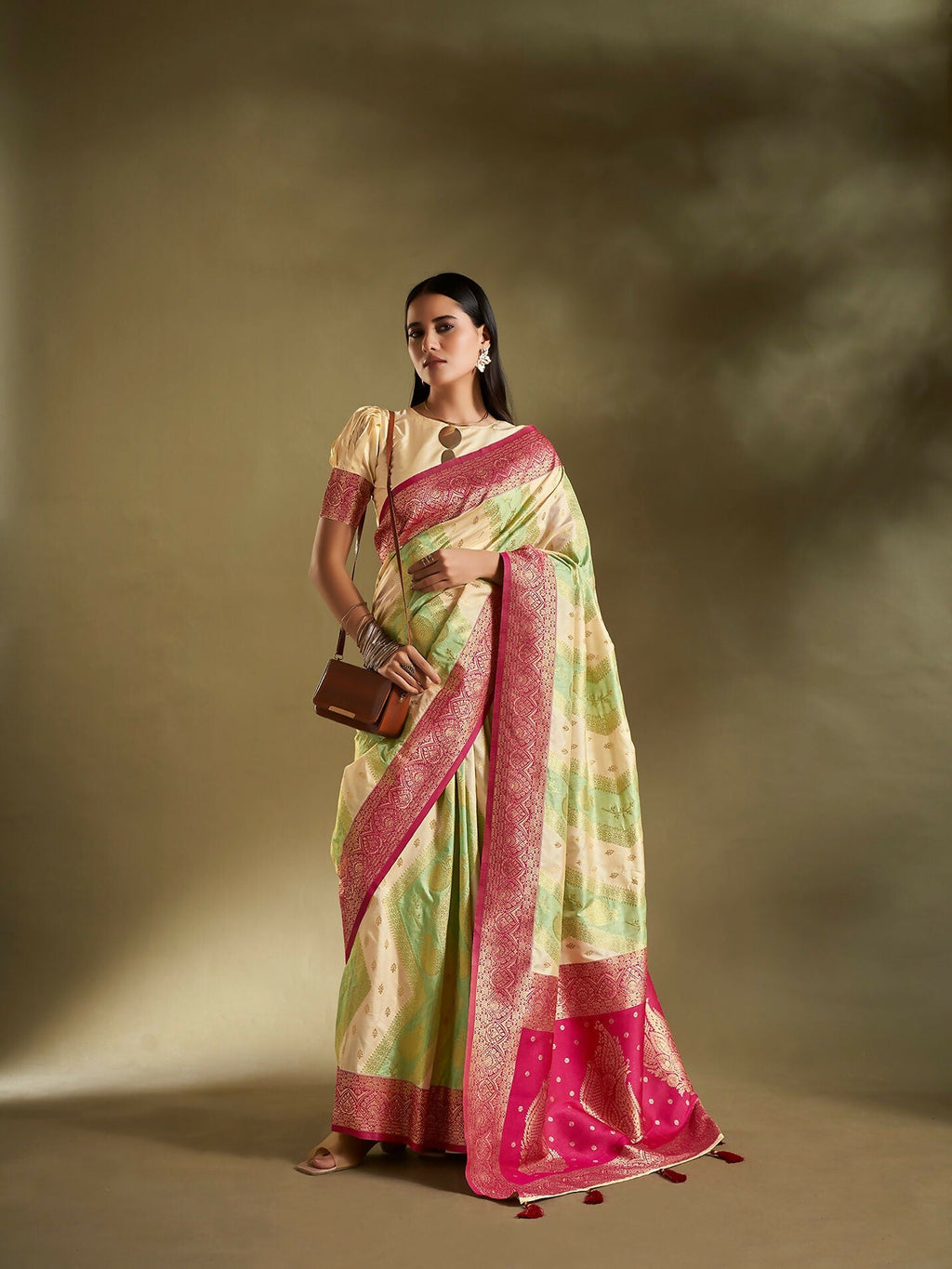 Joban Fashion Cream & Sea Green Plain With Weaving Border Banarasi Silk Sarees