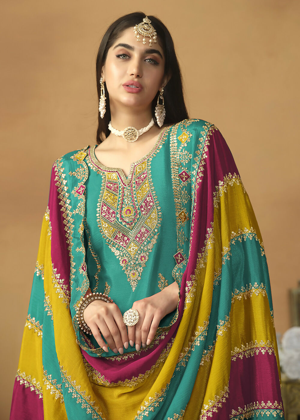 Chinnon Silk Turquoise Salwar Suit with Multicolor Dupatta - Emponline