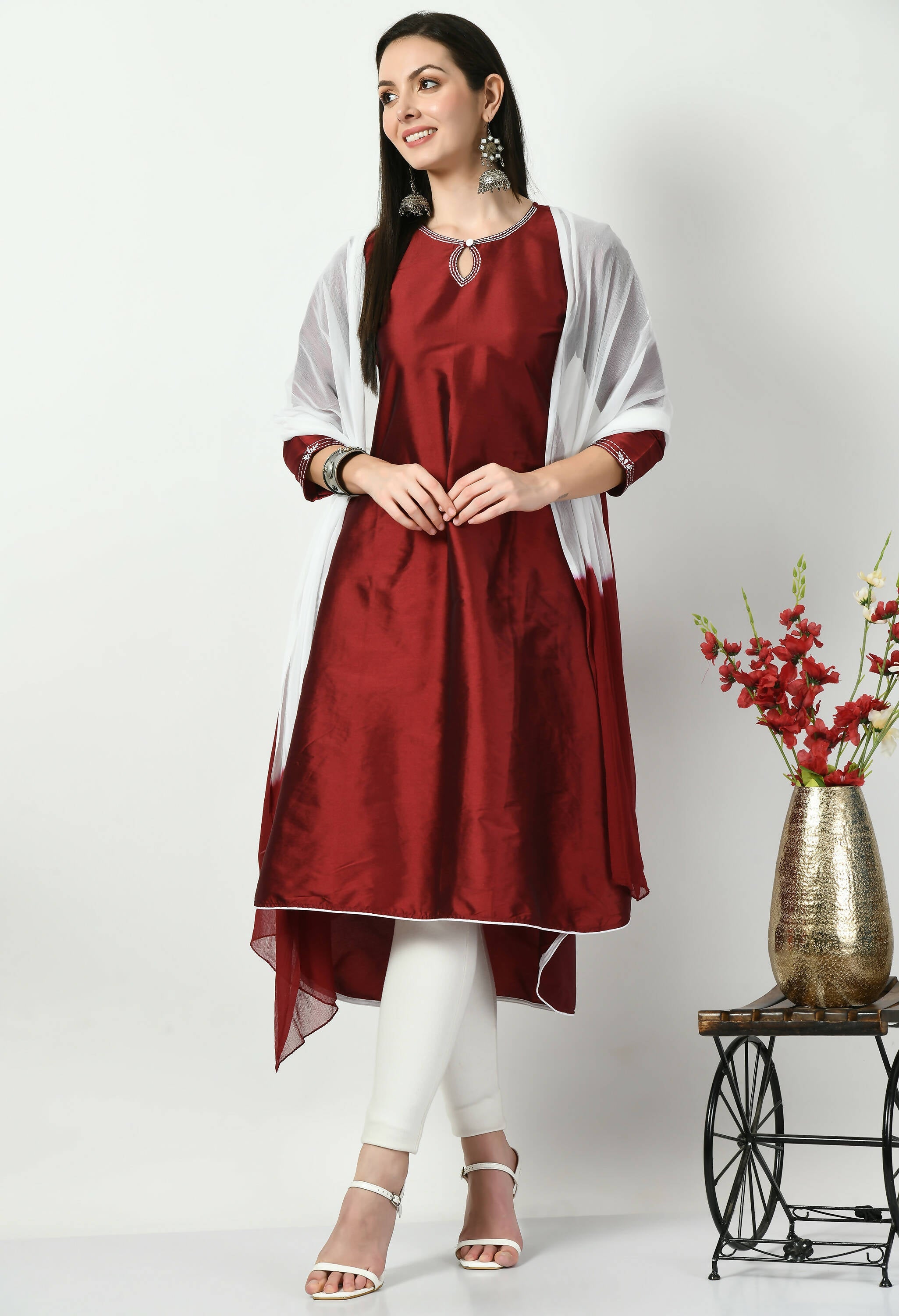 Women's Maroon Embroidered Polysilk Kurti With Lycra Pant Double Dyed Dupatta - G & A Apparels