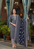 Juniper Women's Navy Ethnic Motif Printed Cotton Kurta Pant And Dupatta Set With Mirror Work & Sequins