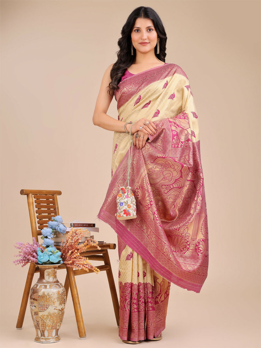 Shree Shyam Fashion Banarasi Silk Cream & Magenta Saree