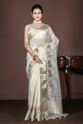 Morchari Beige Banarasi Tissue Computer Embroidery Saree Unstitched Blouse