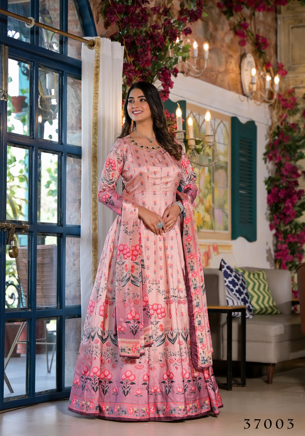Partywear Designe rPeach Dola Silk Anarkali suit with Dupatta - Samyukta