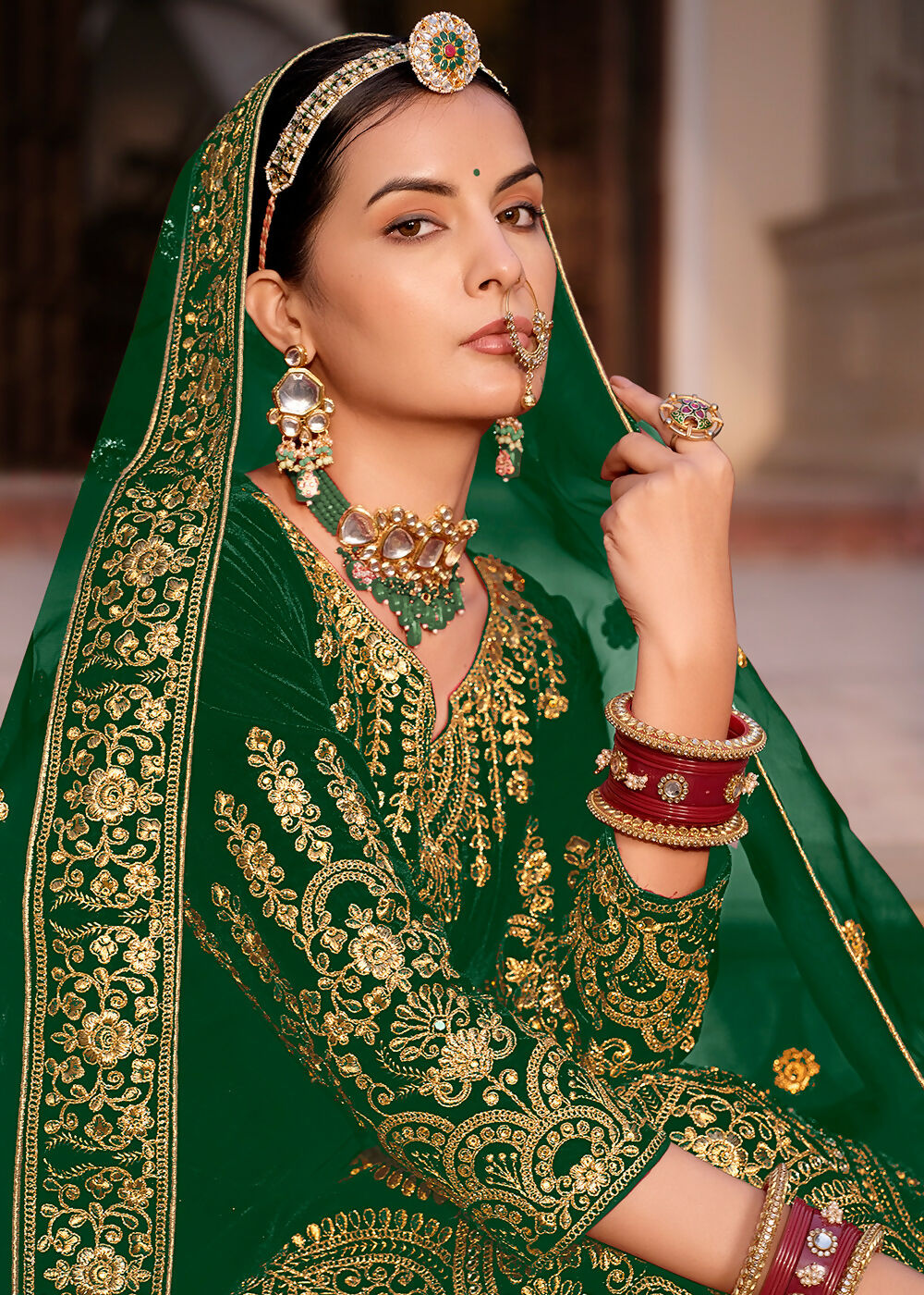 Green Velvet Front & Back Embroidery Wedding Anarkali Suit - Emponline