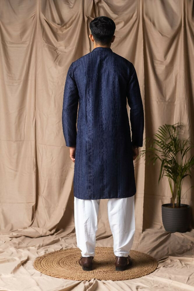 Navy Blue Rayon Thread Embroidery Work Kurta Set - Mahotsav