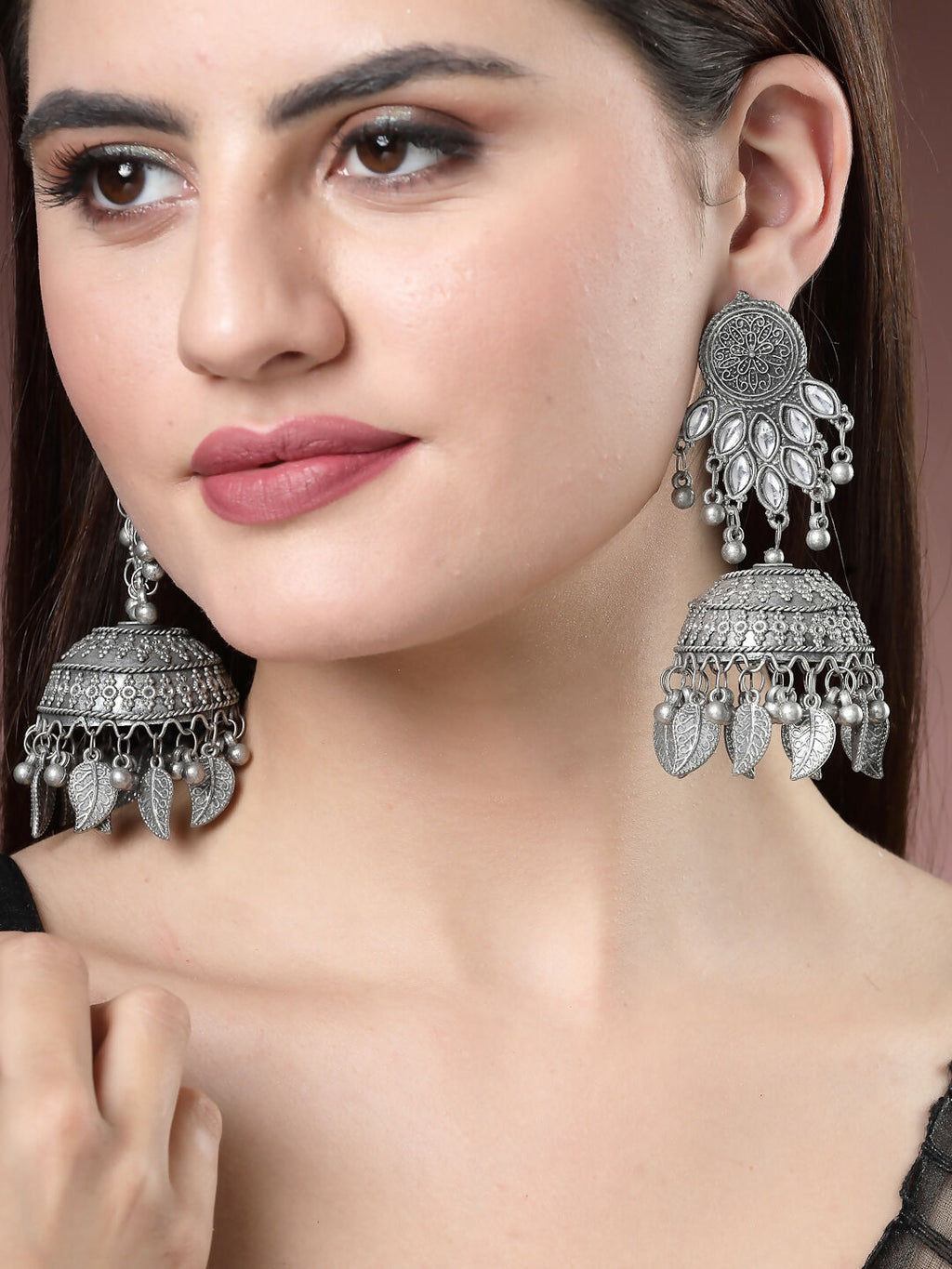 NVR Women's Silver-Plated Oxidised Artificial Stones Dome Shaped Jhumka Earrings