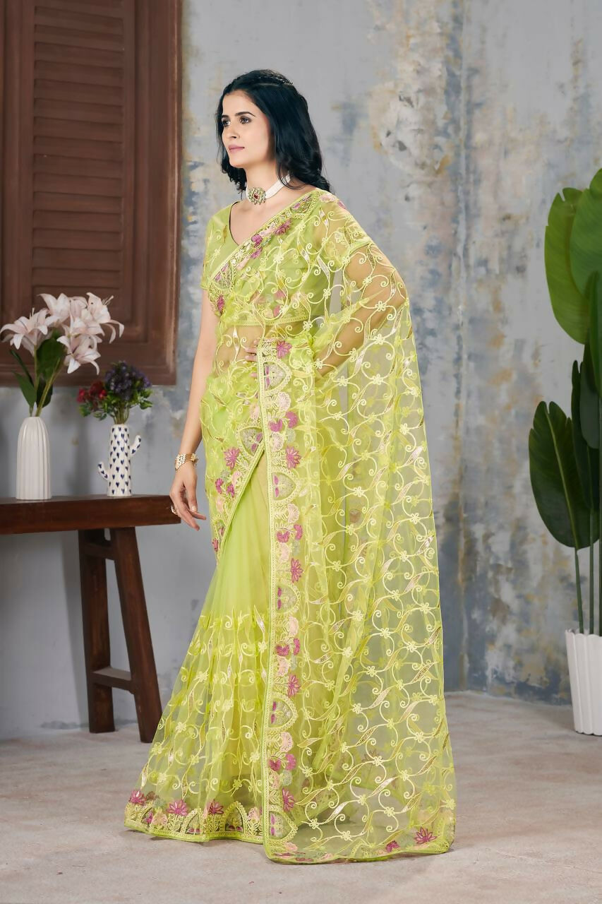 Vastranavya Soft Crush Georgette With Embroidery and Foil Multi Thread Work Saree - Light olive