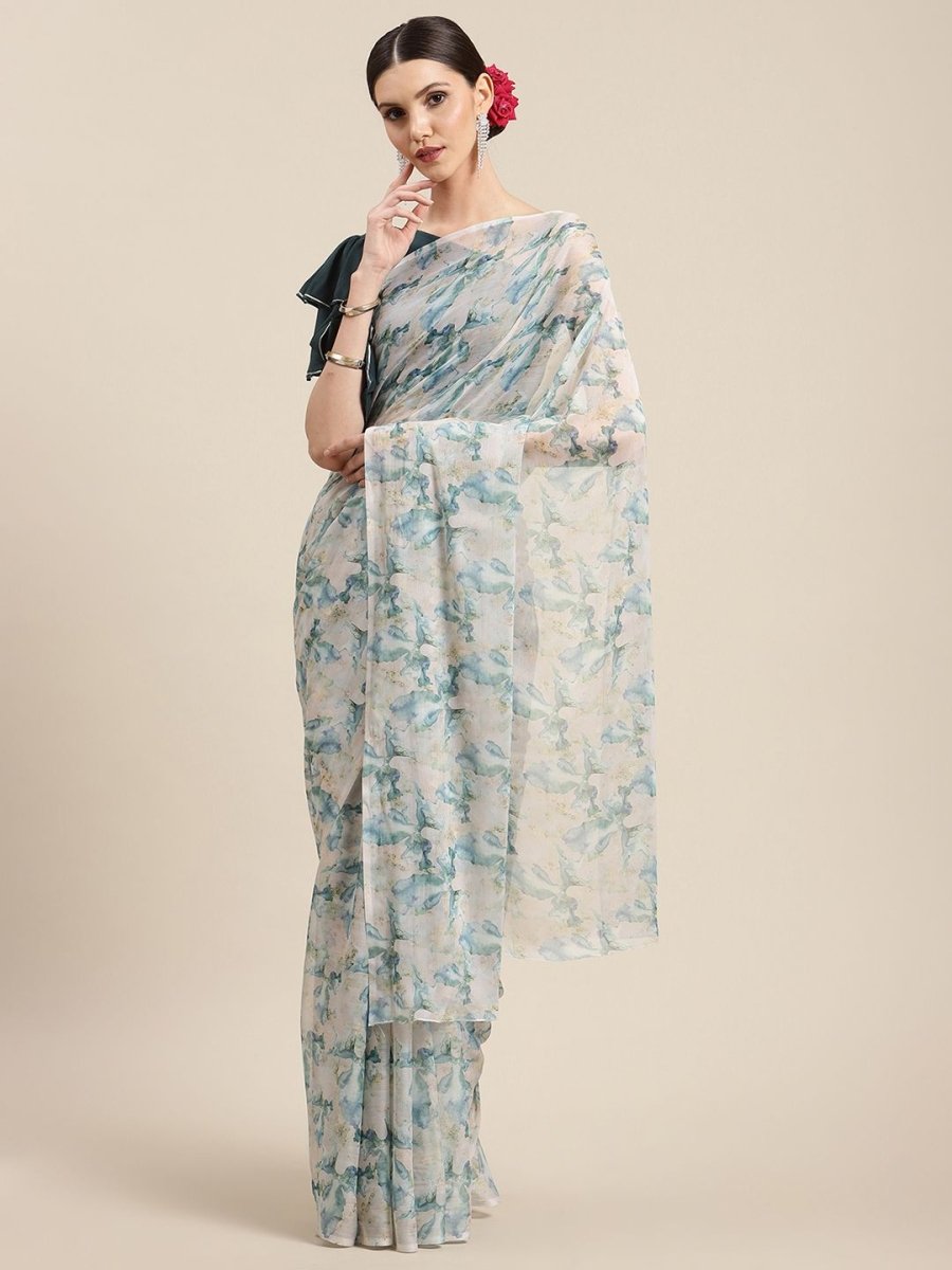 Ahalyaa Women's Off White Chiffon Abstract Digital Print Saree