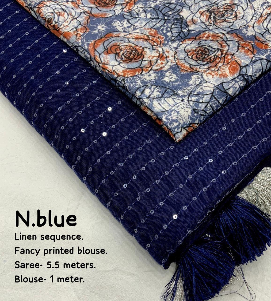 Blue Linen Sequence Saree with Unstitched Blouse - Hiral Fashion
