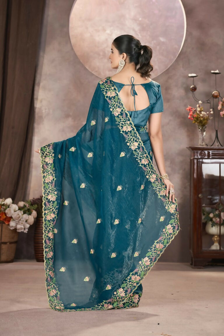 Vastranavya Gold Crunchy Multi Colour Threads Embroidery Work with Sequins Work Saree with Blouse material - Teal