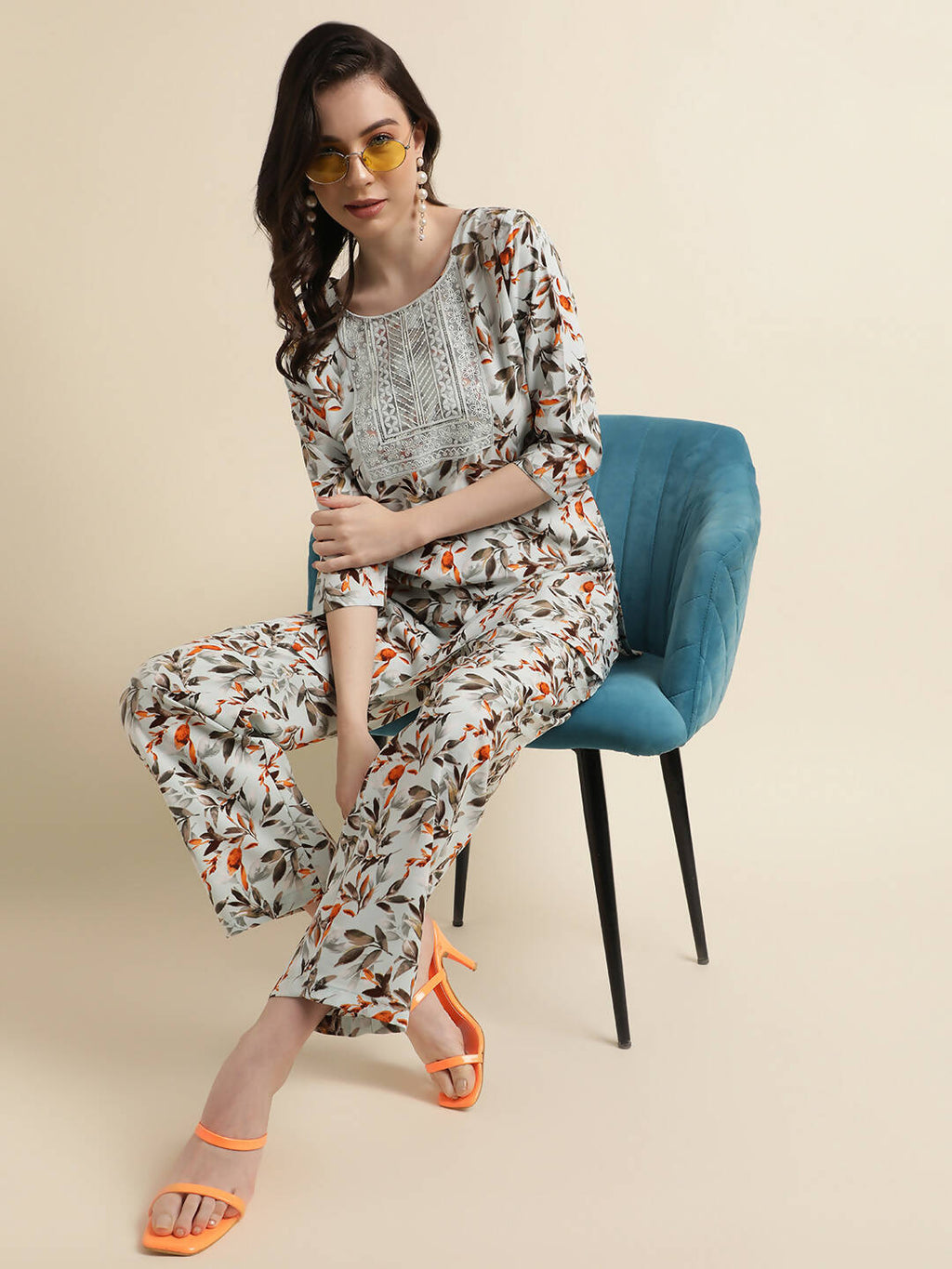 Grey Poly Crepe Digital Printed Top with Matching Bottom - Preeti