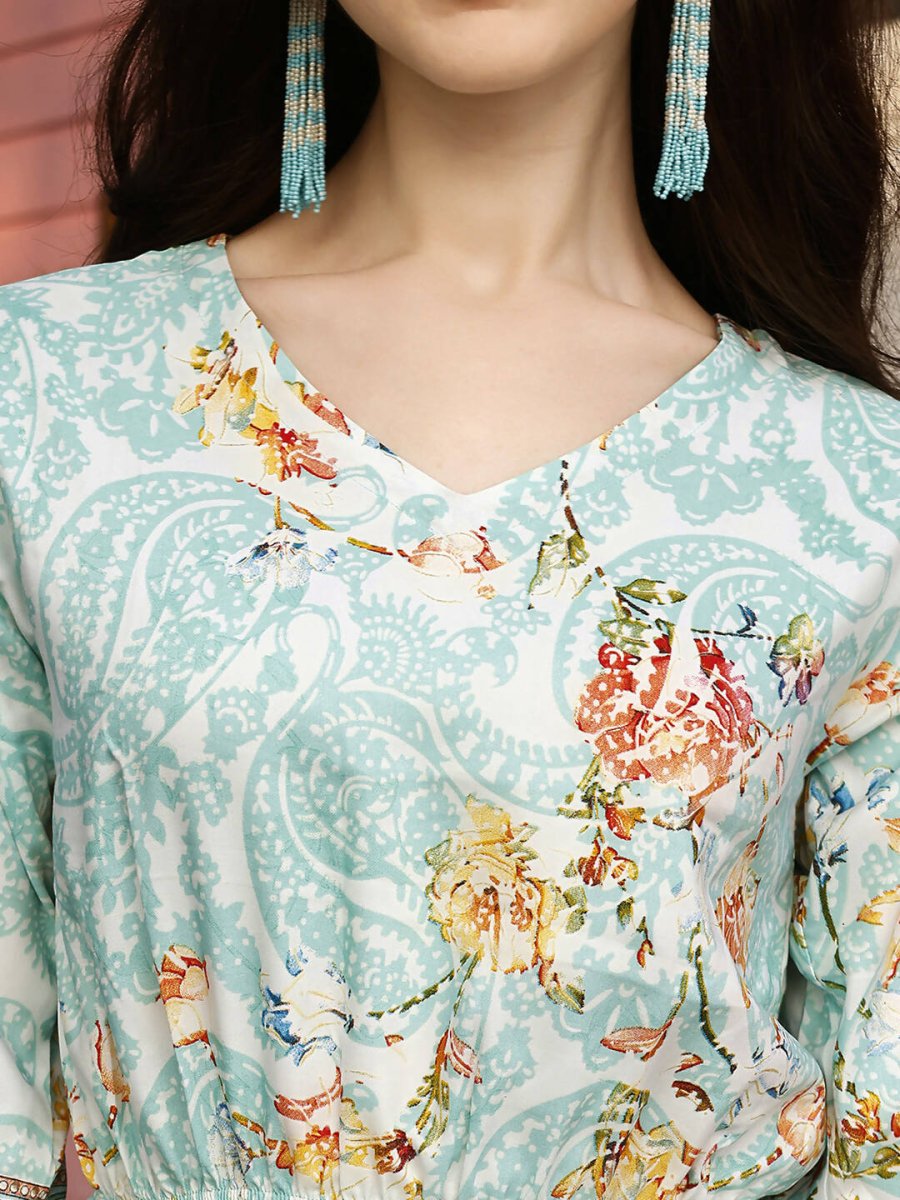 Aqua Blue Rayon Paisley & Floral Printed Top with Matching Bottom - Eesha