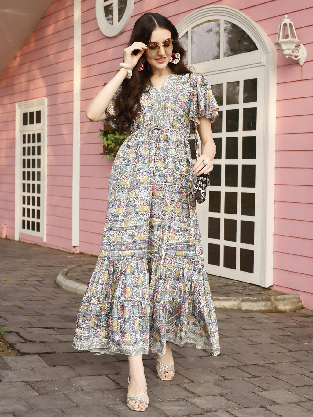 Green Rayon Foil Printed Long Dress - Michan