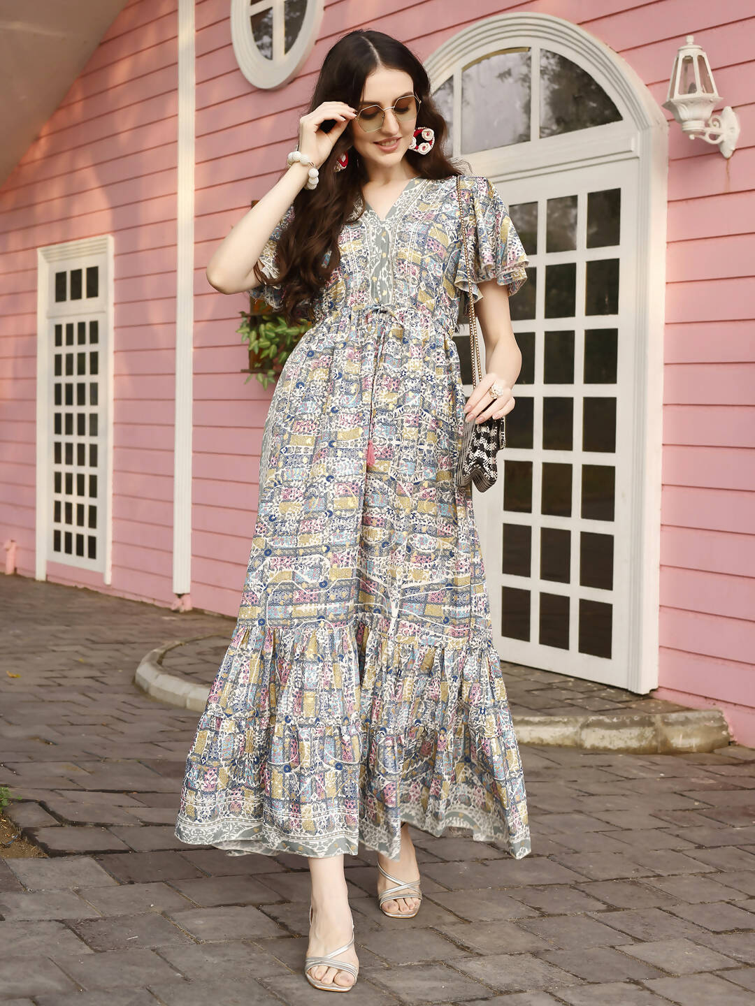 Green Rayon Foil Printed Long Dress - Michan